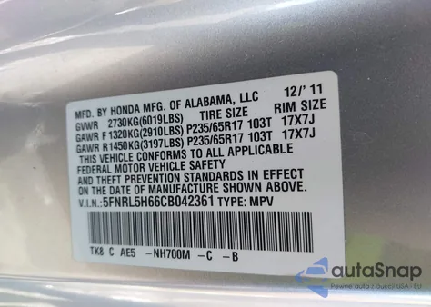 2012 Honda Odyssey Ex-L z USA, uszkodzony, nr VIN 5FNRL5H66CB042361